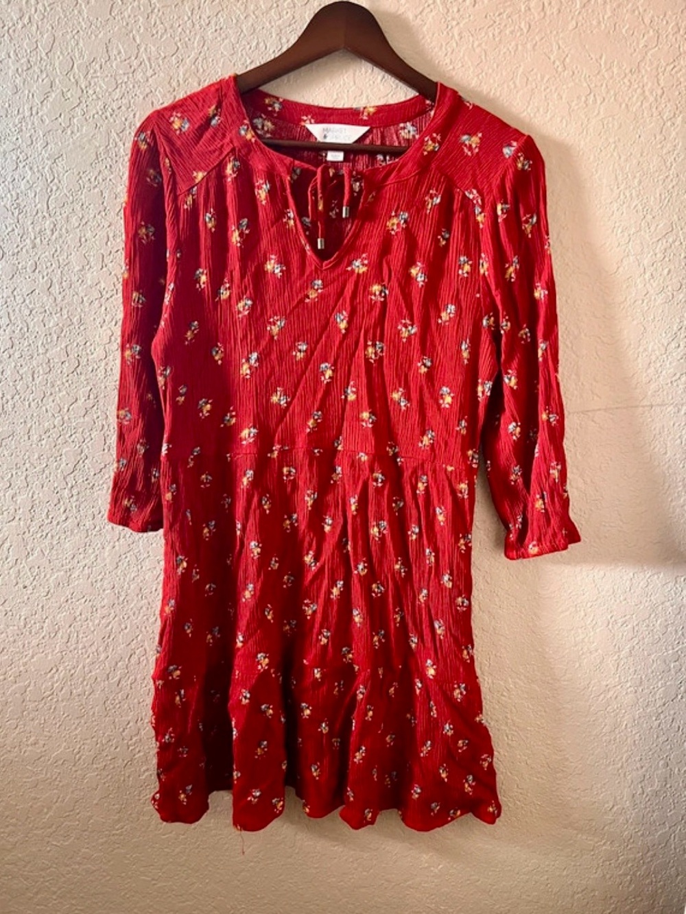 Market & Spruce Red Orange Floral Tie-Detail Long-Sleeve Dress Size S